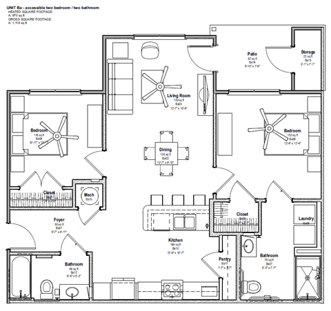 Floor plan for 2 beds, 2 baths, 970 sqft